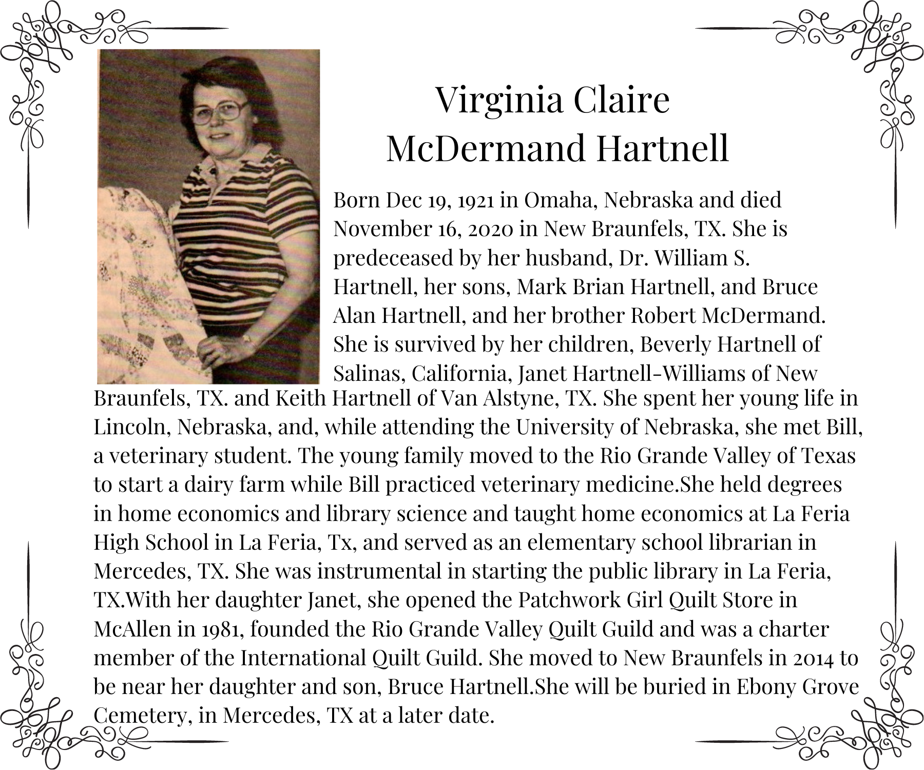 Virginia Claire McDermand Hartnell passes away